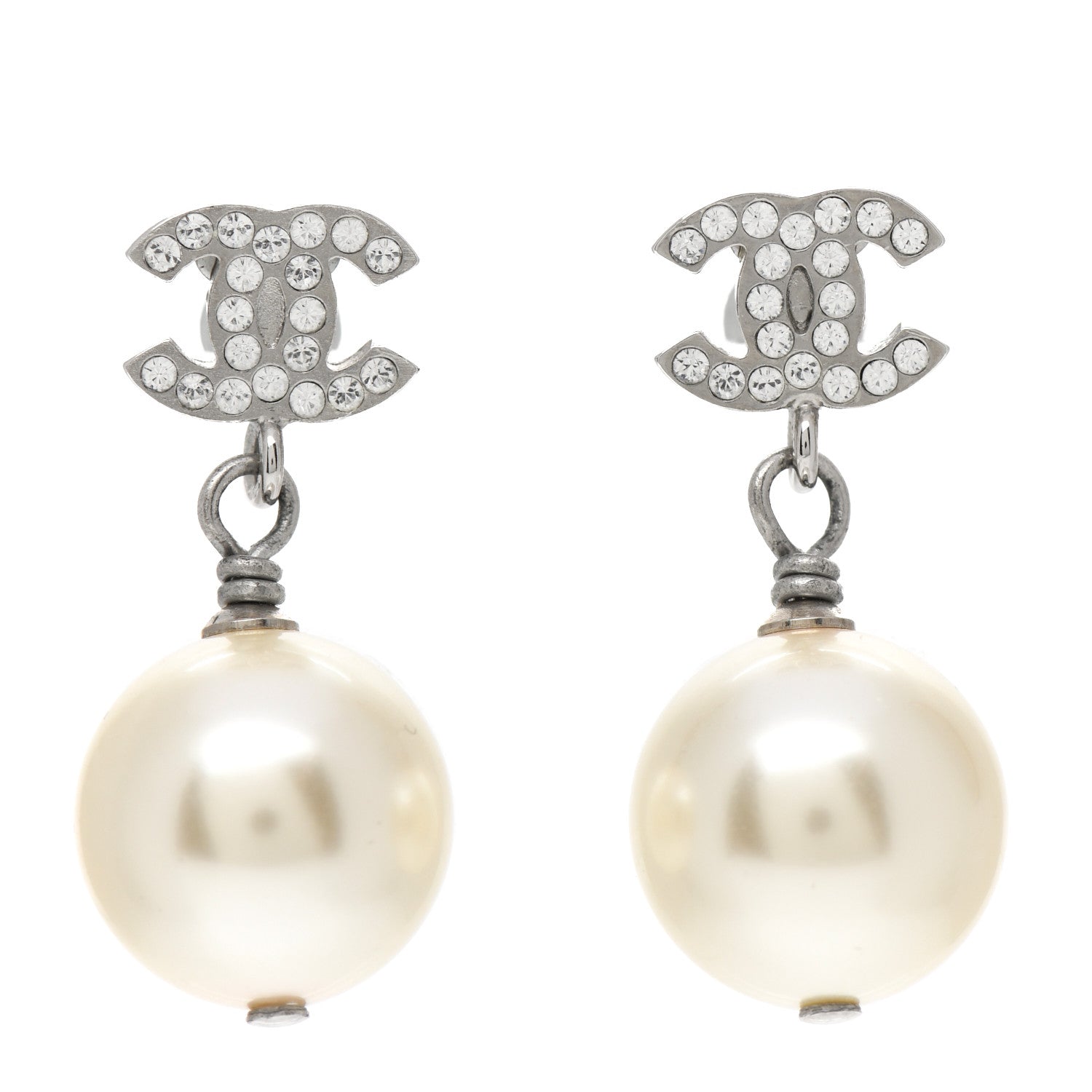 Chanel Crystal Pearl CC Drop Earrings Silver Pearly White 1 of 5