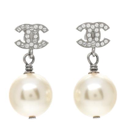 Chanel Crystal Pearl CC Drop Earrings Silver Pearly White 1 of 5