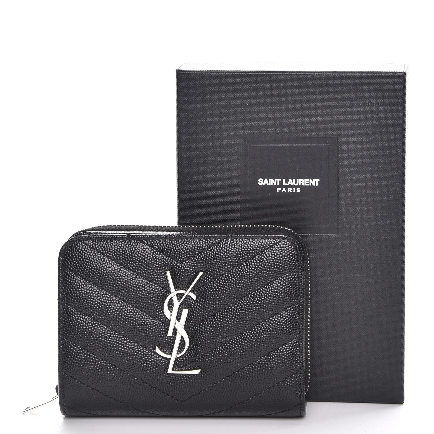 Saint Laurent Grain De Poudre Matelasse Chevron Monogram Compact Zip Around Wallet Black 9 of 9
