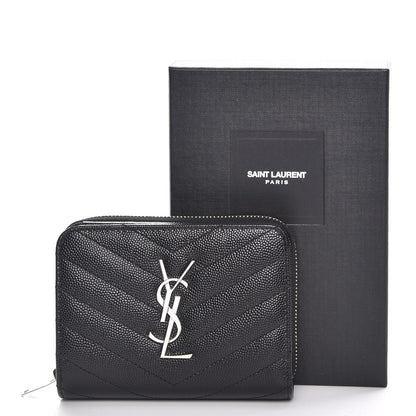 Saint Laurent Grain De Poudre Matelasse Chevron Monogram Compact Zip Around Wallet Black 9 of 9