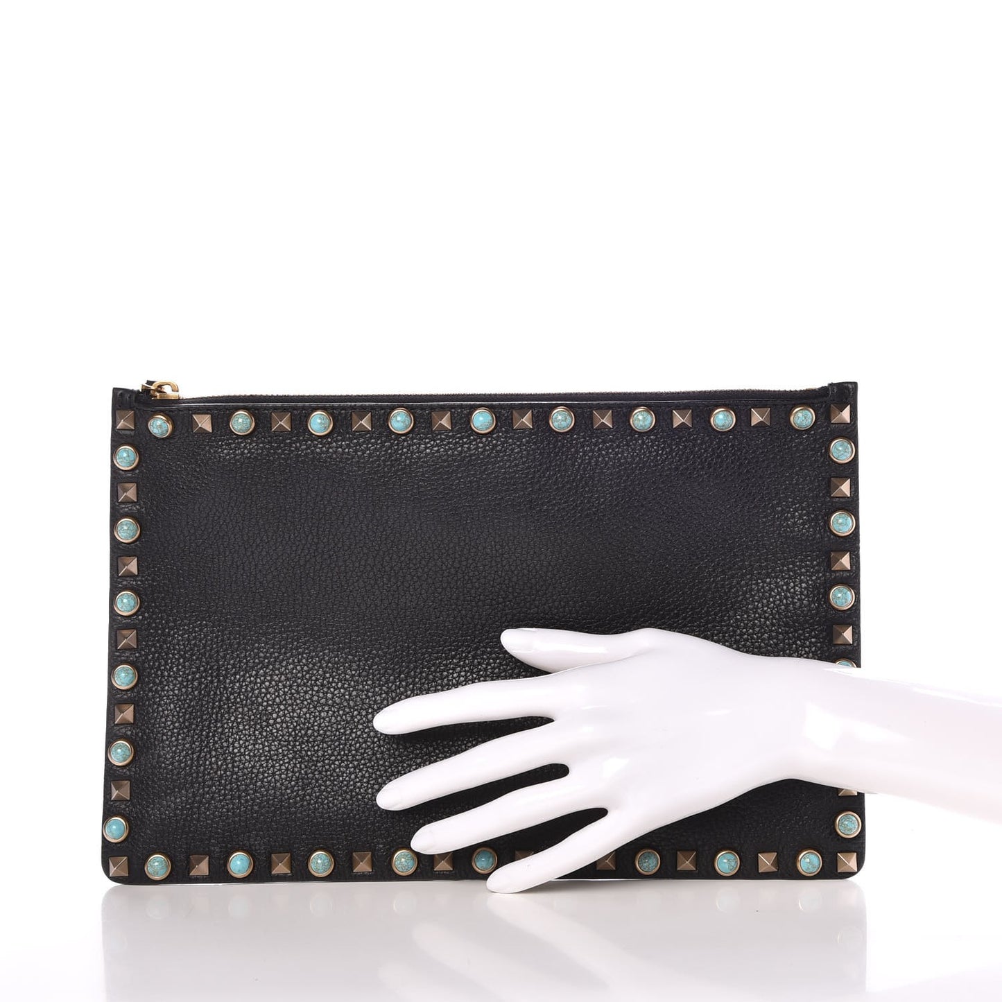 Pebbled Calfskin Turquoise Large Rockstud Rolling Zip Pouch Black