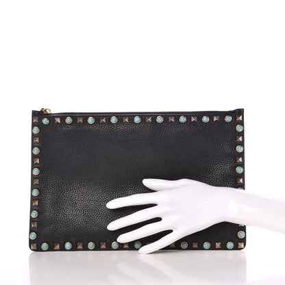 Valentino Garavani Pebbled Calfskin Turquoise Large Rockstud Rolling Zip Pouch Black 2 of 7
