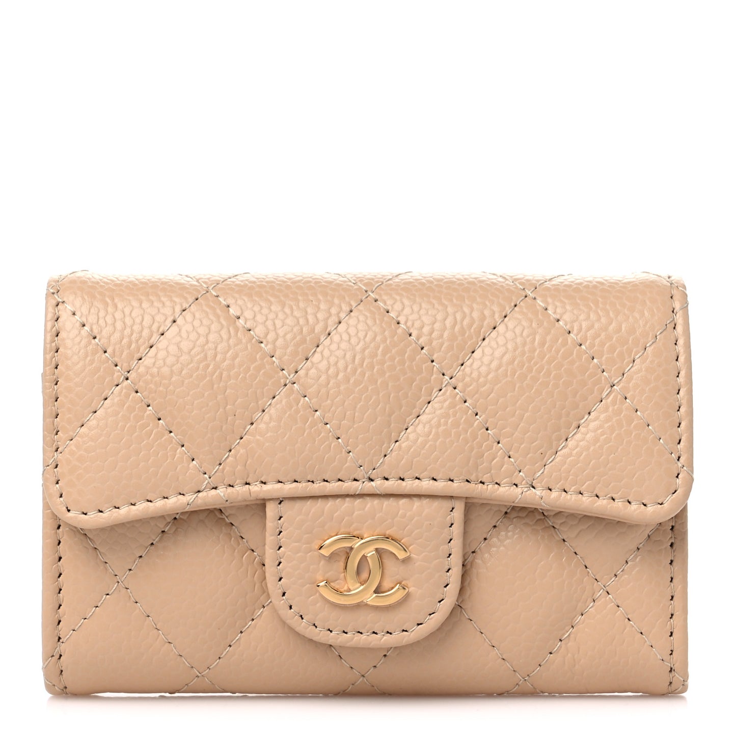 Caviar Quilted Flap Card Holder Wallet Beige