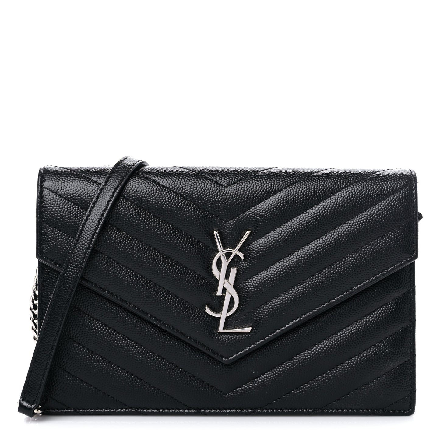 Grain De Poudre Matelasse Chevron Monogram Envelope Chain Wallet Black