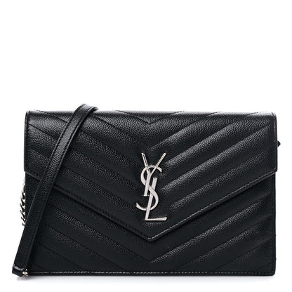 Saint Laurent Grain De Poudre Matelasse Chevron Monogram Envelope Chain Wallet Black 1 of 8