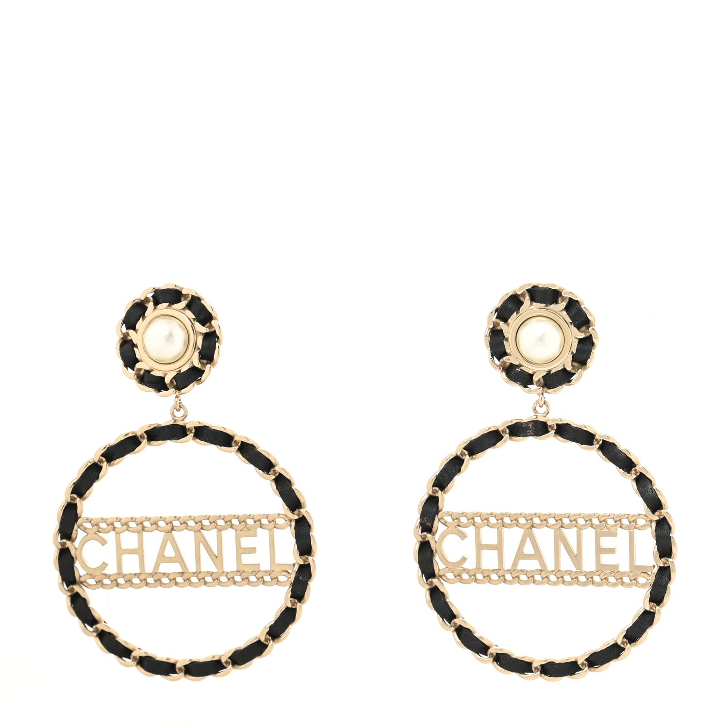 Chanel Pearl Lambskin Chain Logo Hoop Clip On Earrings Black Gold 1 of 4