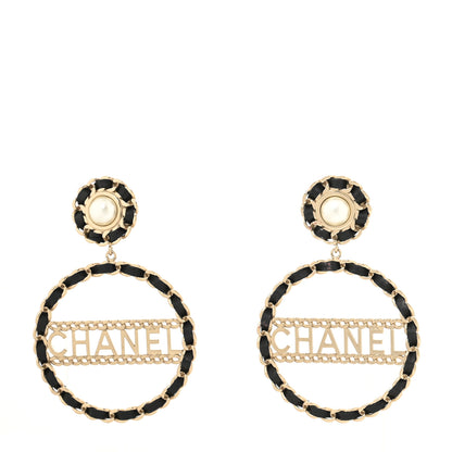 Chanel Pearl Lambskin Chain Logo Hoop Clip On Earrings Black Gold 1 of 4