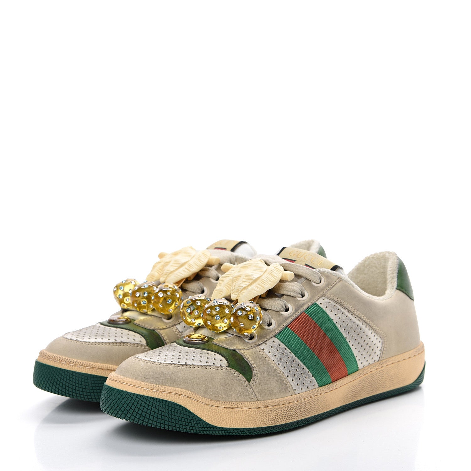 Gucci Nubuck Web Cherries Womens Screener Sneakers 37 Dusty Milk White Vintage Green 3 of 13