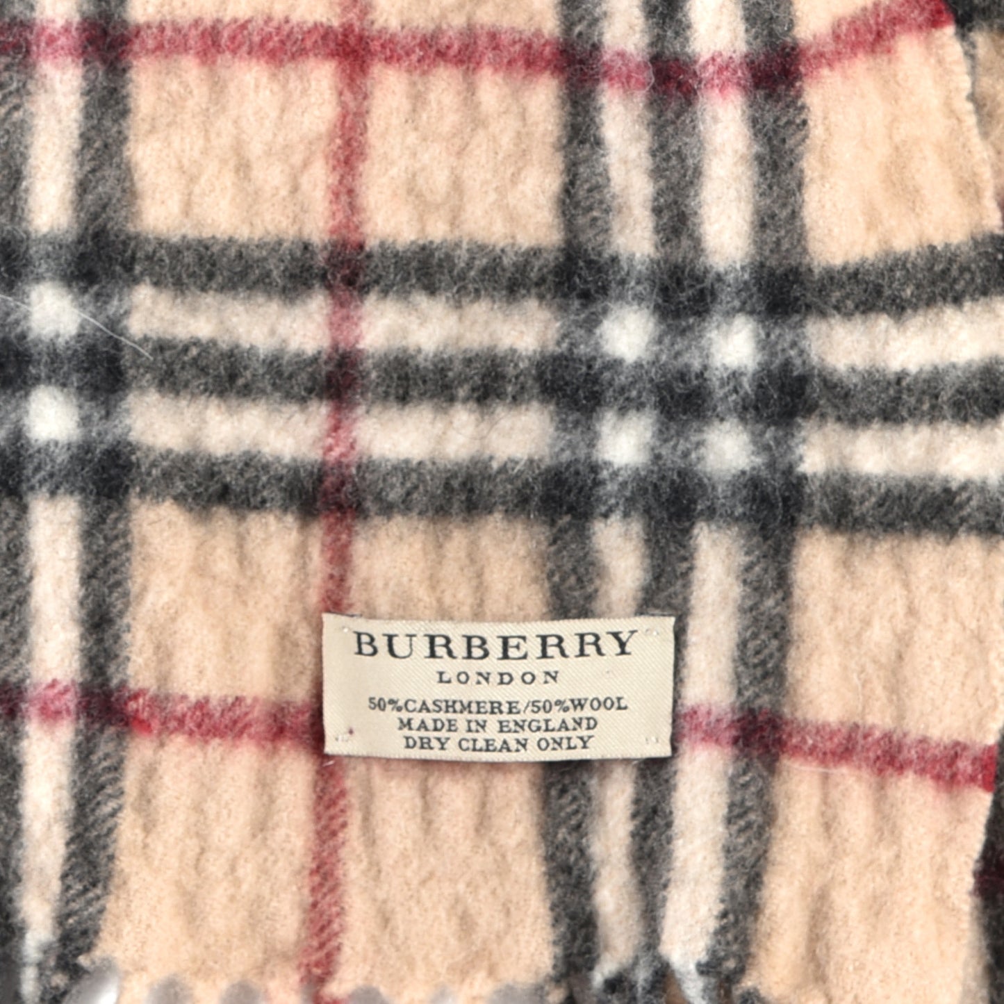 Cashmere Wool Vintage Check Fringe Scarf Beige