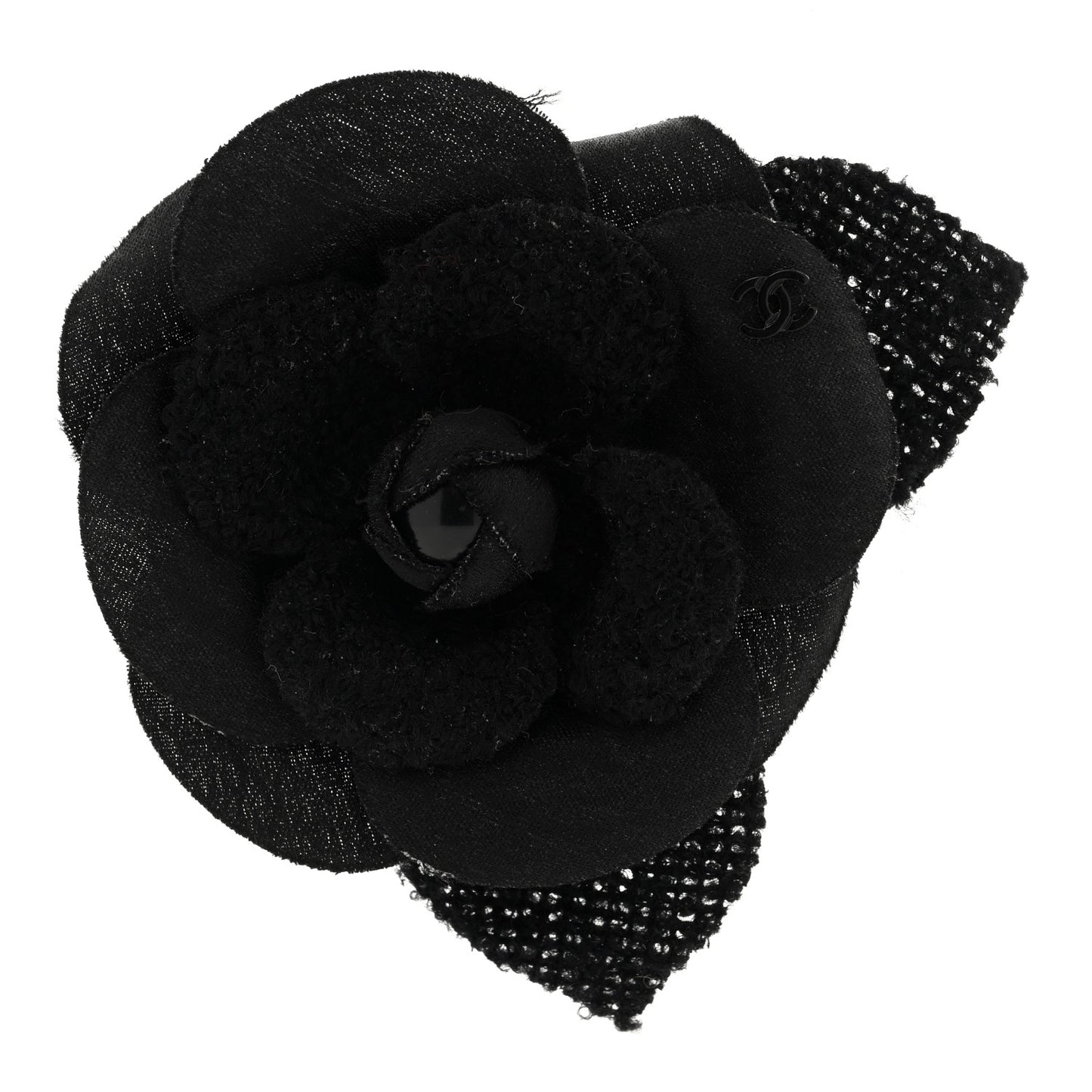 Tweed Fabric Camellia Pin Brooch Black