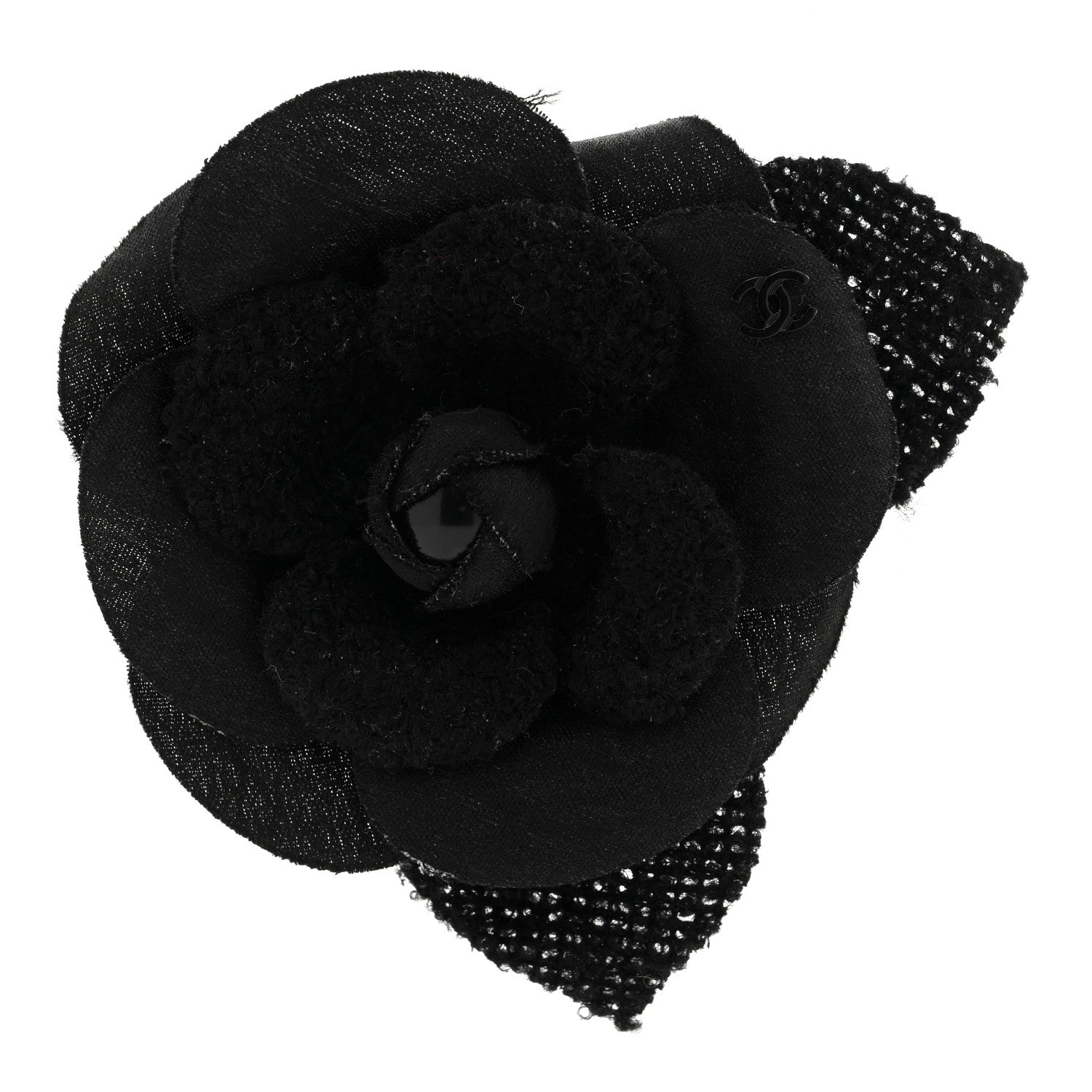 Chanel Tweed Fabric Camellia Pin Brooch Black 1 of 3