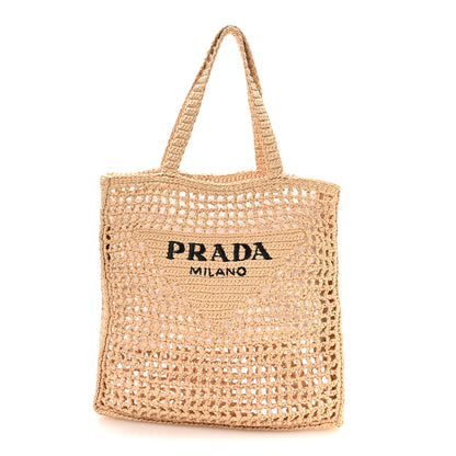 Prada Yarn Raffia Effect Crochet Logo Embroidered Tote Bag Naturale 1 of 9