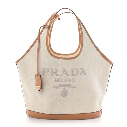 Prada Linen Vitello Medium Logo Tote Natural 1 of 9
