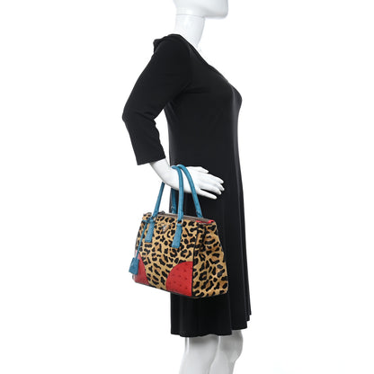 Prada Ostrich Cavallino Leopard Print Small Galleria Double Zip Tote Miele Rosso 3 of 9