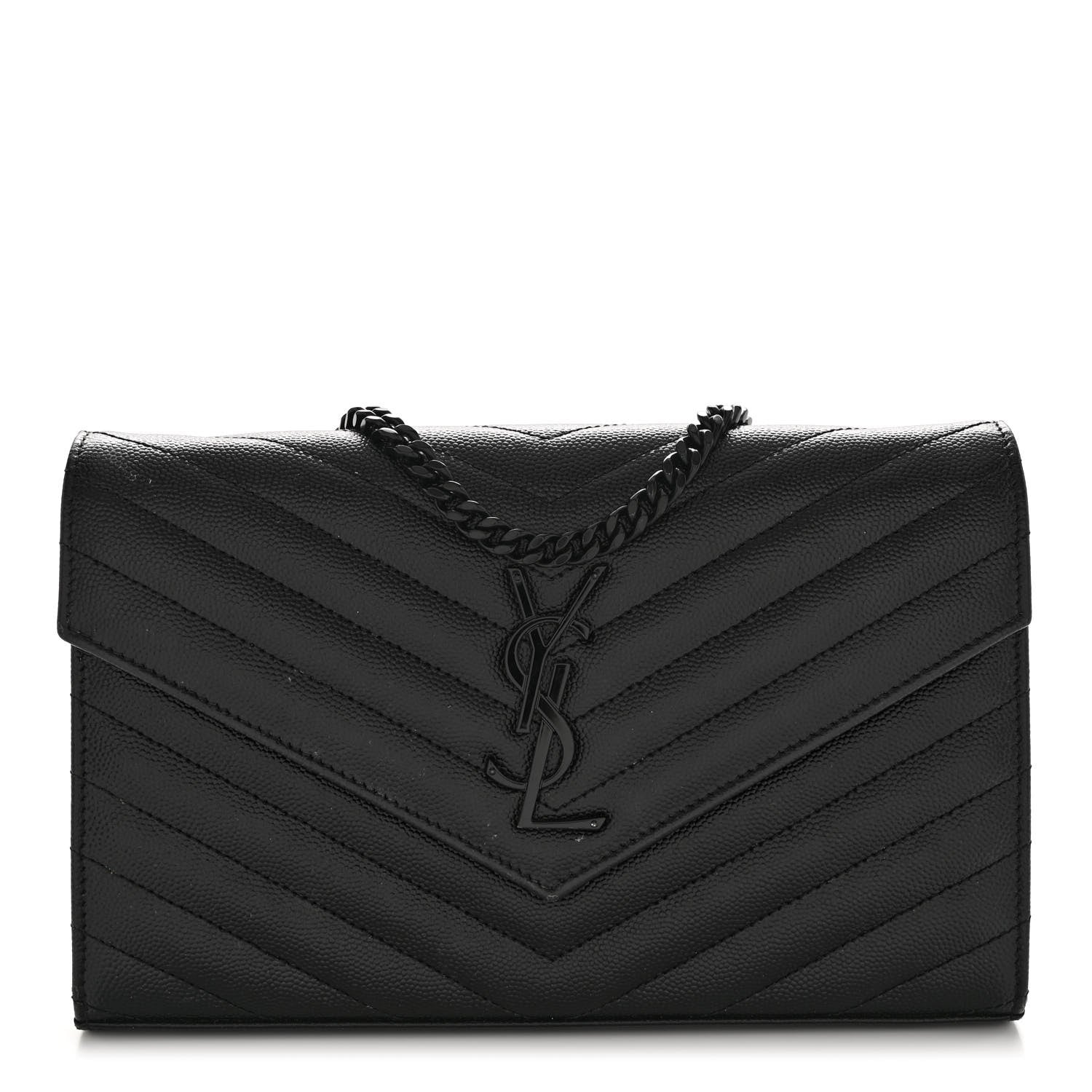 Saint Laurent Grain De Poudre Matelasse Chevron Monogram Monochrome Chain Wallet Black 1 of 12