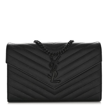 Saint Laurent Grain De Poudre Matelasse Chevron Monogram Monochrome Chain Wallet Black 1 of 12