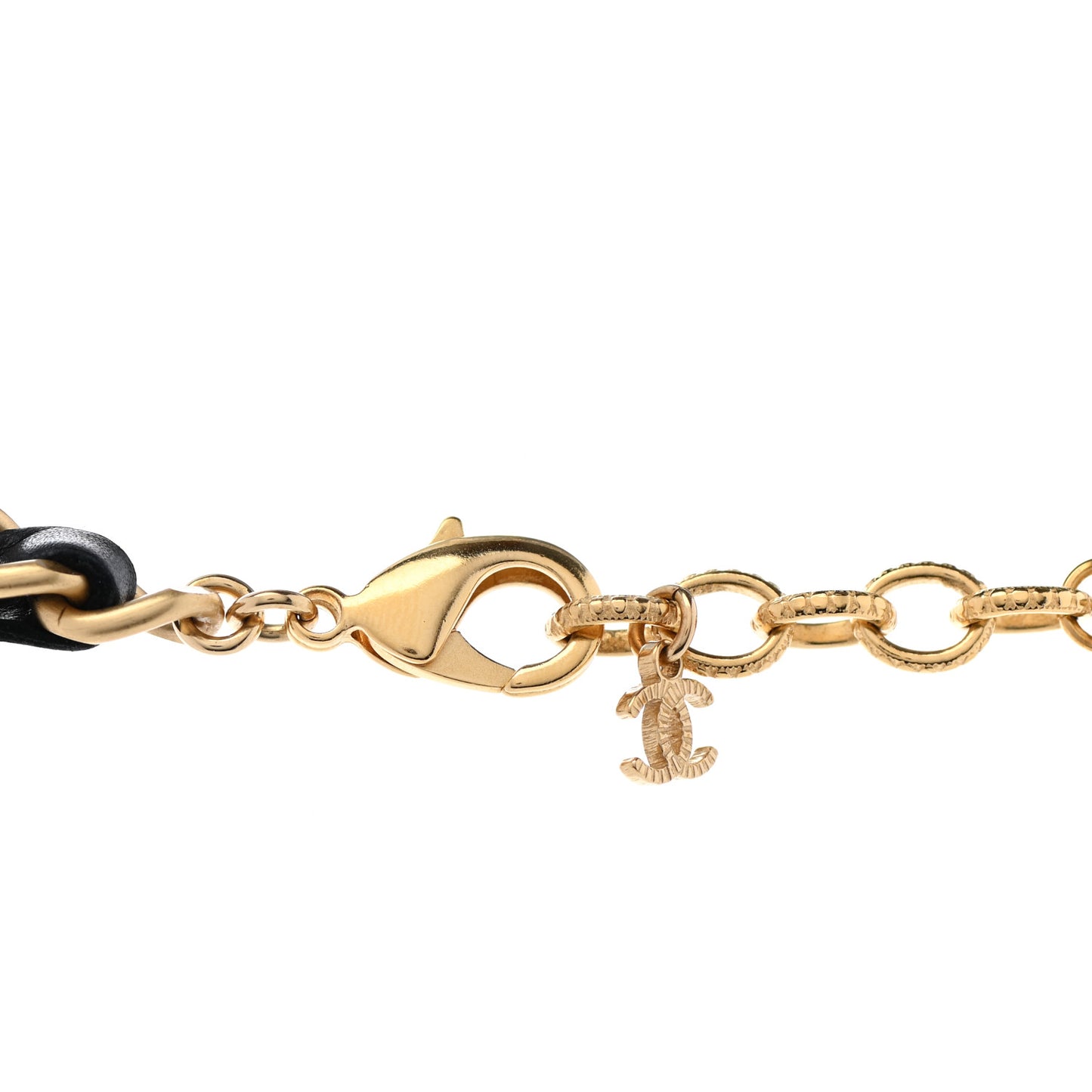 Calfskin Pearl Chain 90's Camellia Long Necklace Black Gold