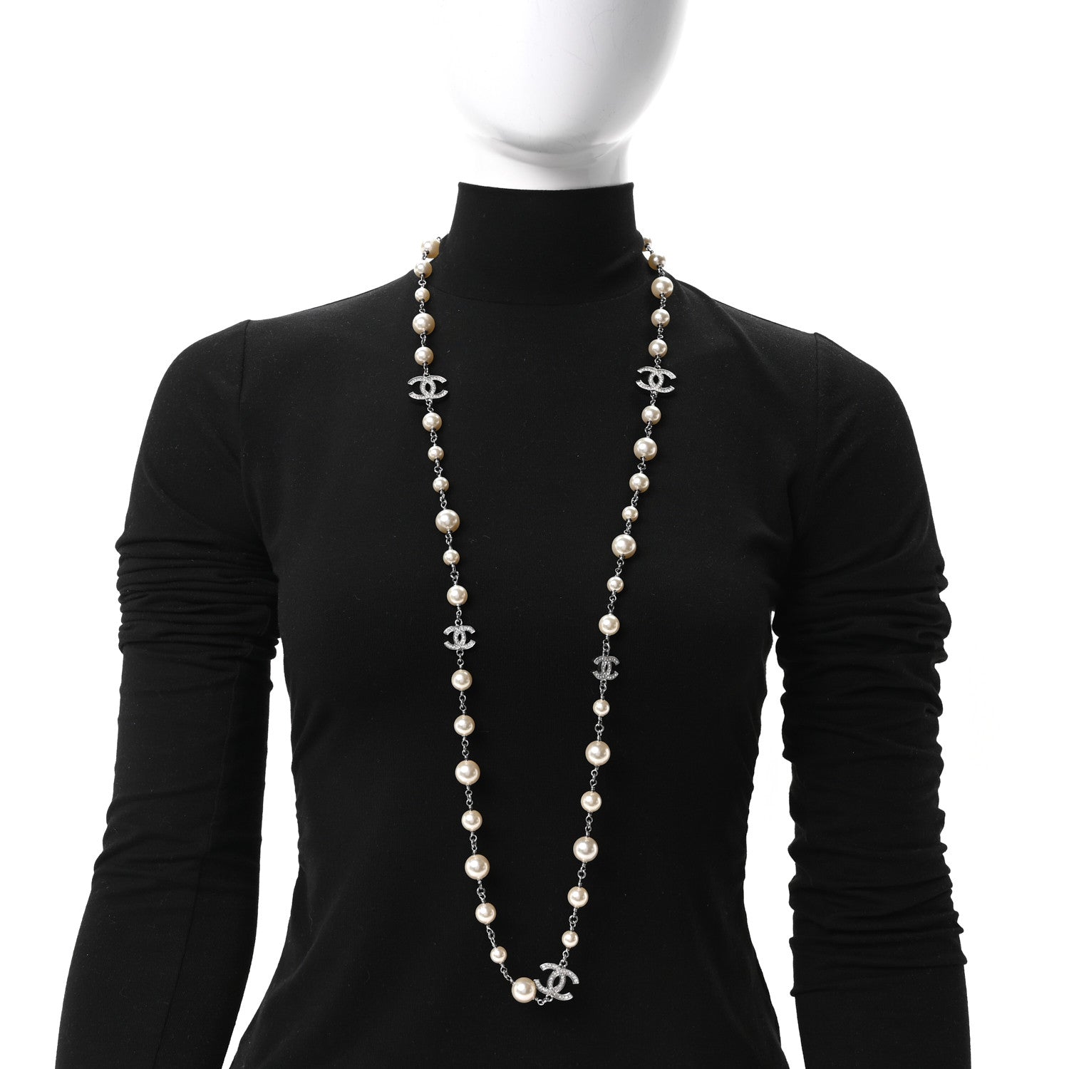 Chanel Graduated Pearl Crystal CC Long Necklace Silver 2 of 4