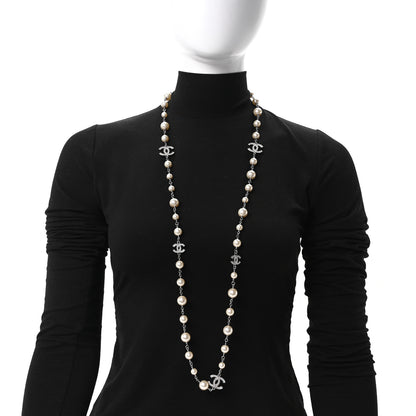 Chanel Graduated Pearl Crystal CC Long Necklace Silver 2 of 4