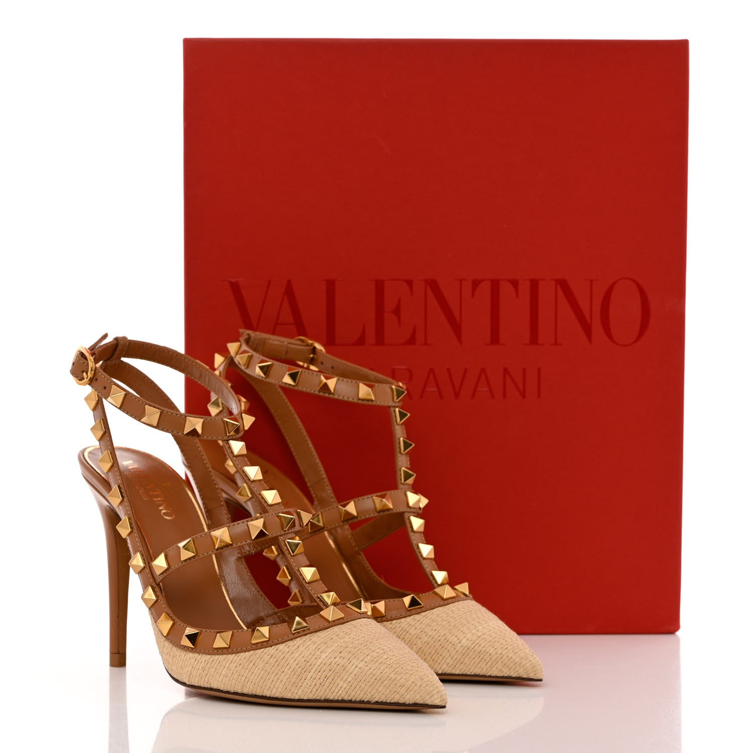 Valentino Garavani Raffia Calfskin Rockstud Ankle Strap 100mm Pumps 35 Natural Saddle Brown 9 of 9