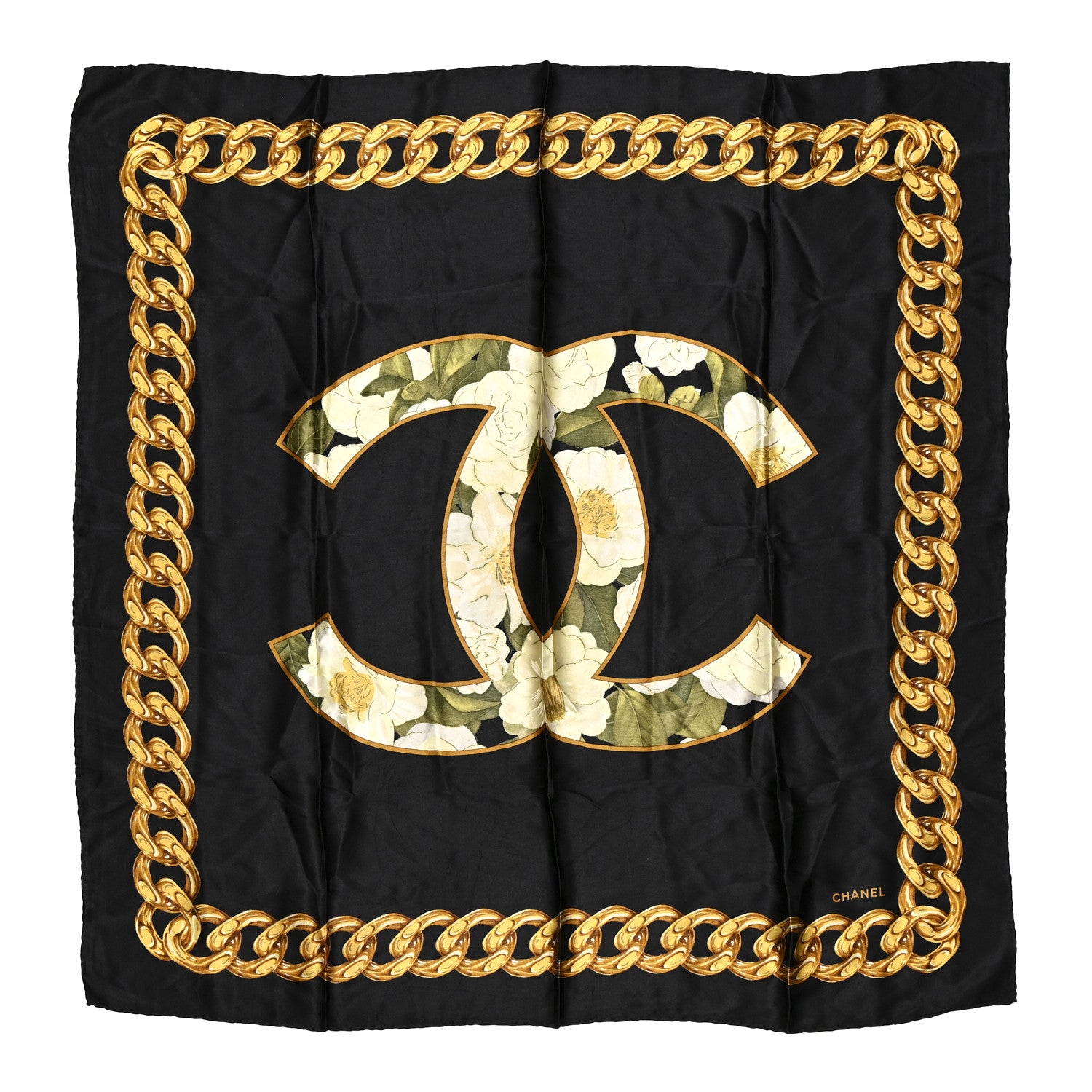 Chanel Silk Floral CC Chain Scarf Black 1 of 4