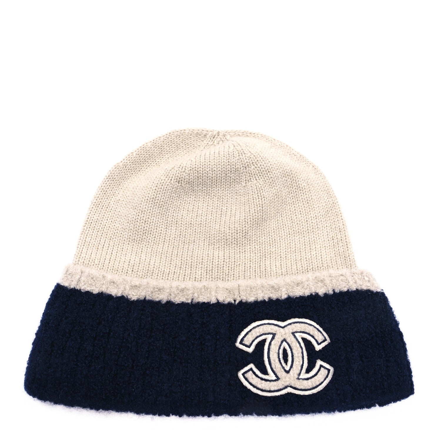 Chanel Wool Cashmere Silk CC Beanie Hat Beige Navy Blue 1 of 5
