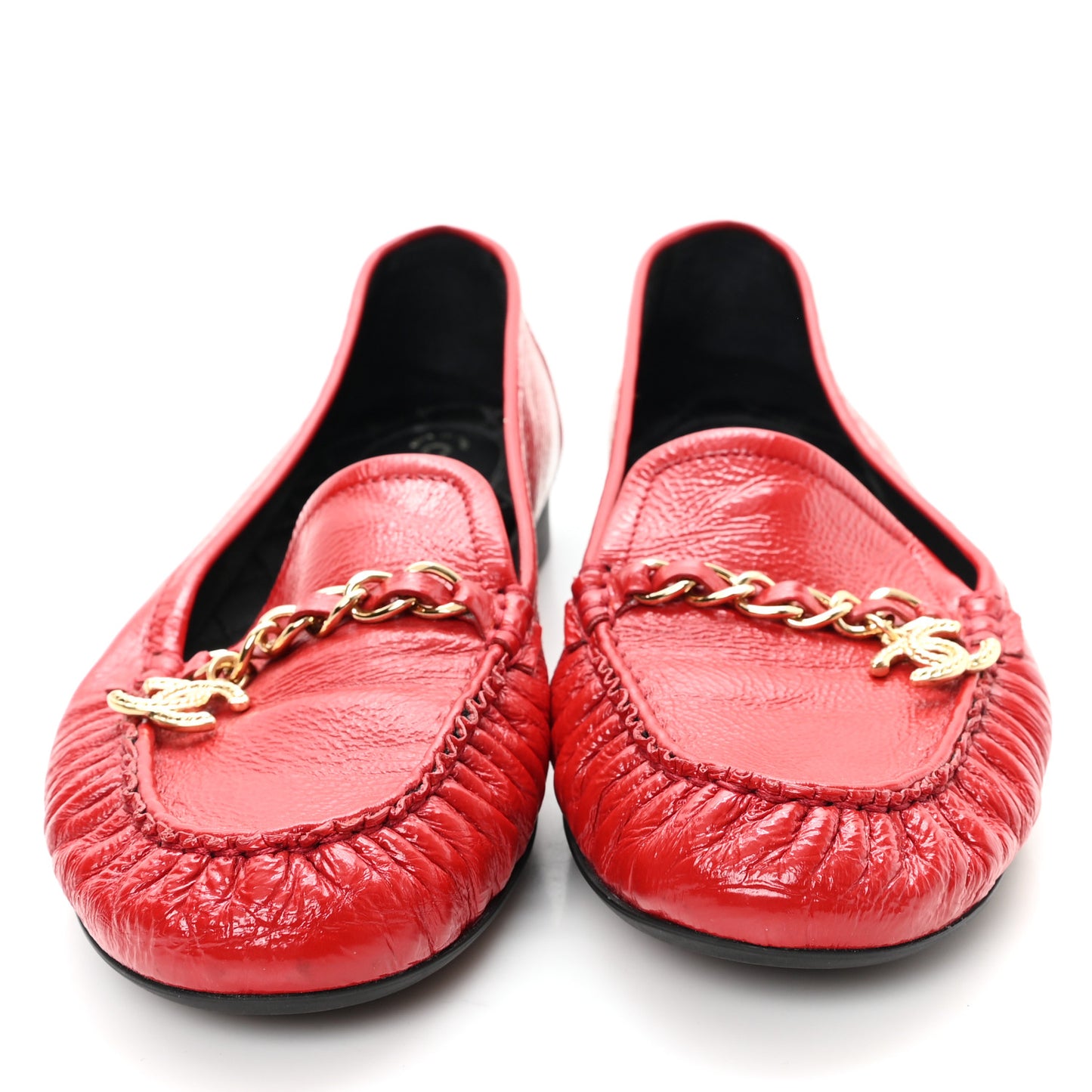 Crackled Patent Calfskin CC Chain Moccasin Loafers 39 Red
