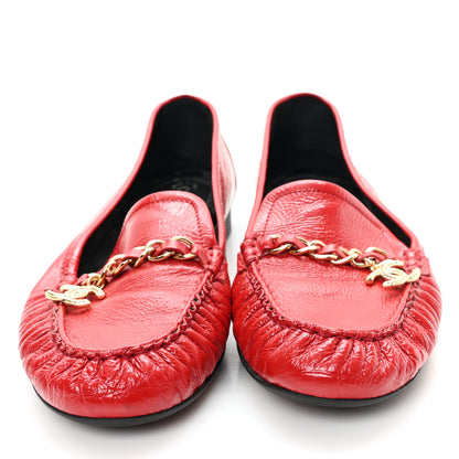 Chanel Crackled Patent Calfskin CC Chain Moccasin Loafers 39 Red 3 of 9