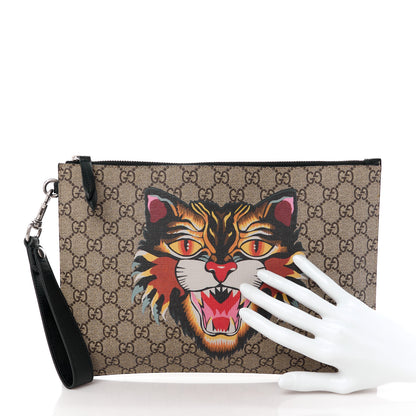 Gucci GG Supreme Monogram Angry Cat Zip Wristlet Pouch Beige 2 of 11