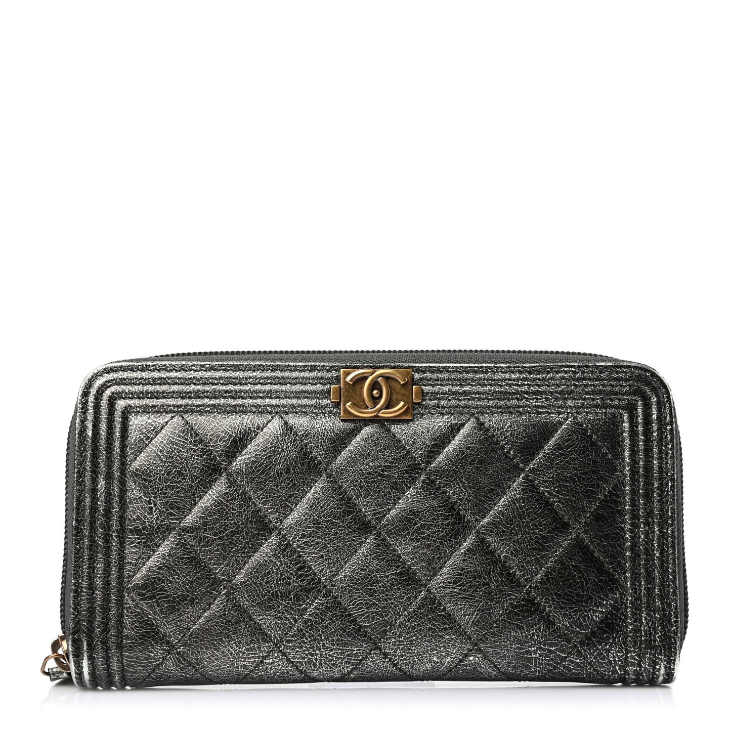 Cracked Metallic Calfskin Quilted Boy Long Zip Around Wallet Dark Silver