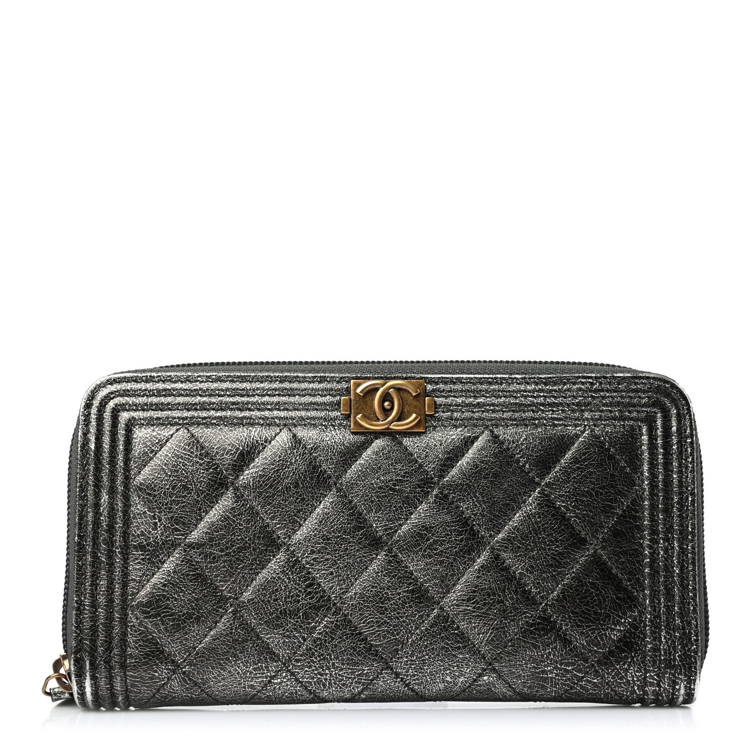 Chanel Cracked Metallic Calfskin Quilted Boy Long Zip Around Wallet Dark Silver 1 of 4