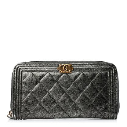 Chanel Cracked Metallic Calfskin Quilted Boy Long Zip Around Wallet Dark Silver 1 of 4