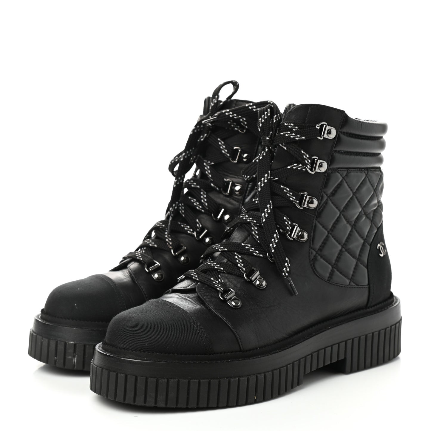 Calfskin Grosgrain Quilted Lace Up Boots 39 Black Grey