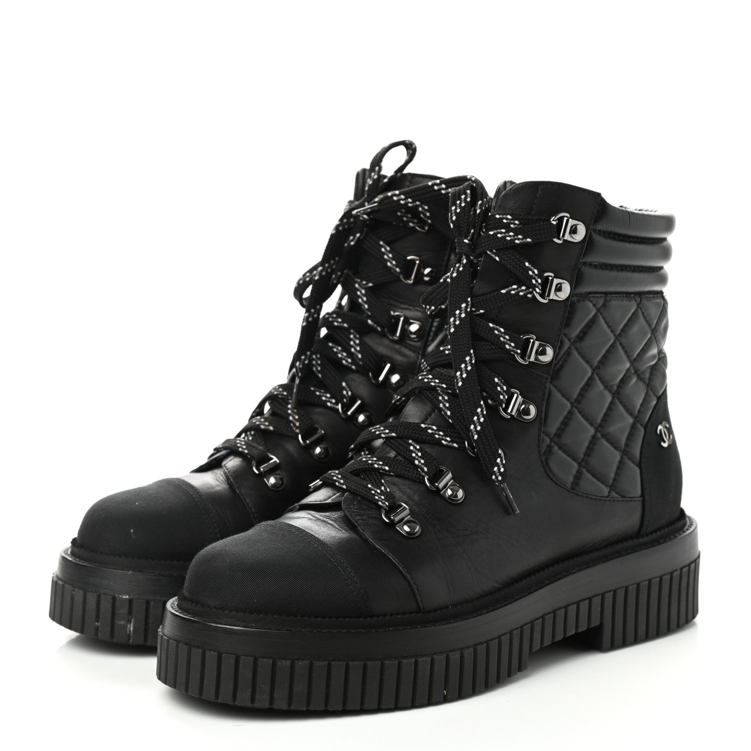 Chanel Calfskin Grosgrain Quilted Lace Up Boots 39 Black Grey 4 of 9