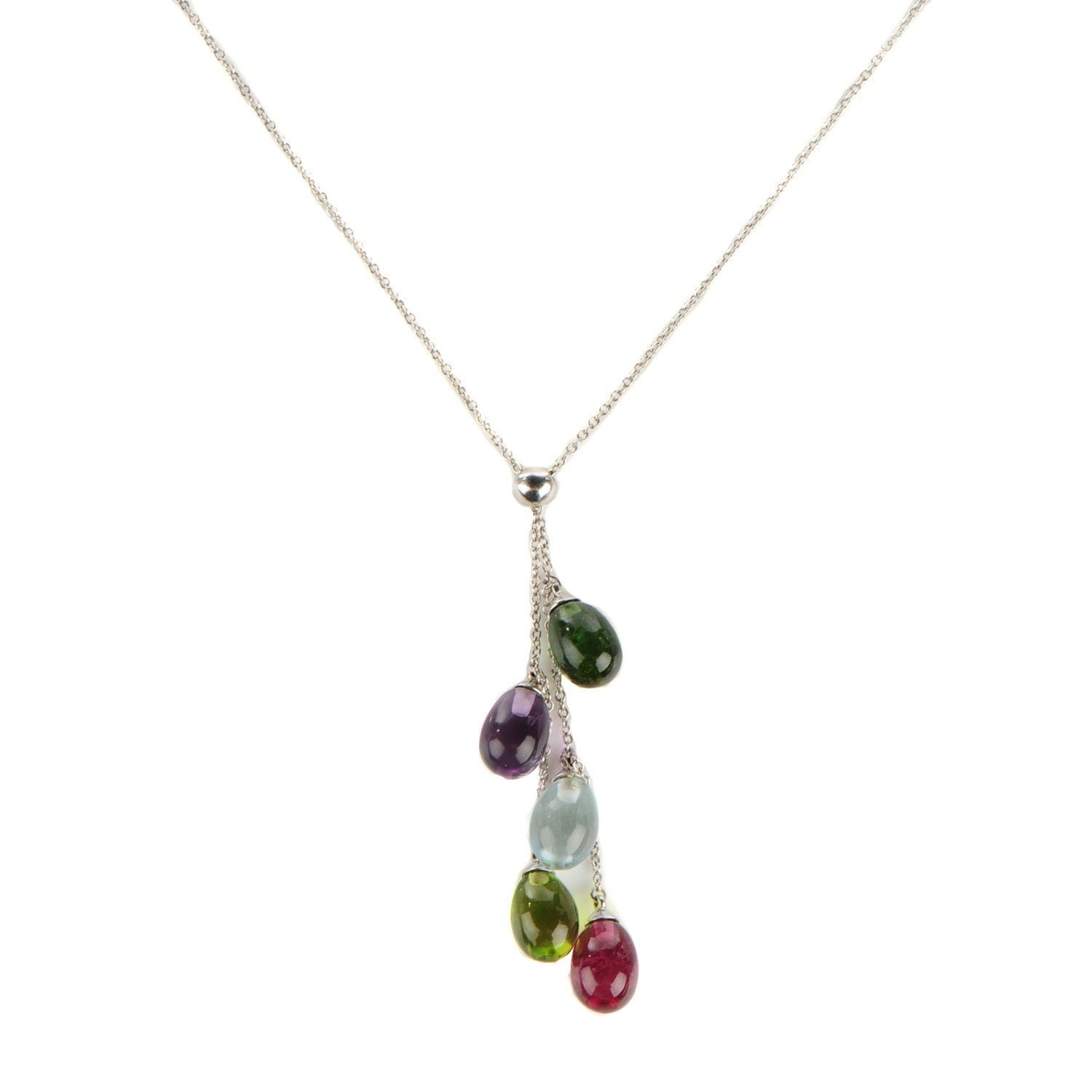 Tiffany 18K White Gold Amethyst Green Tourmaline Peridot Aquamarine Rubellite Rainbow Drops Five Stone Necklace 1 of 4