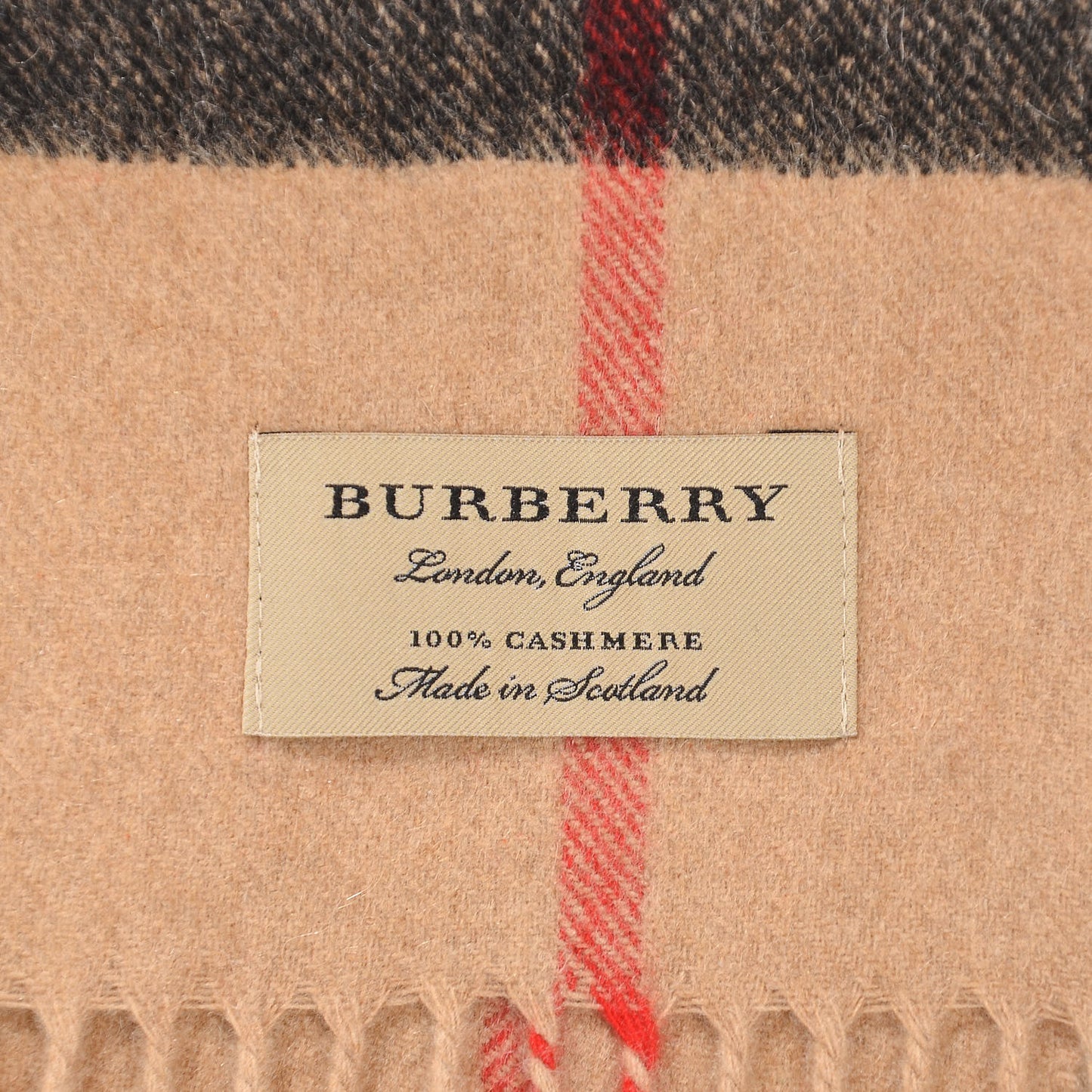 Cashmere Giant Check Fringe Scarf Camel