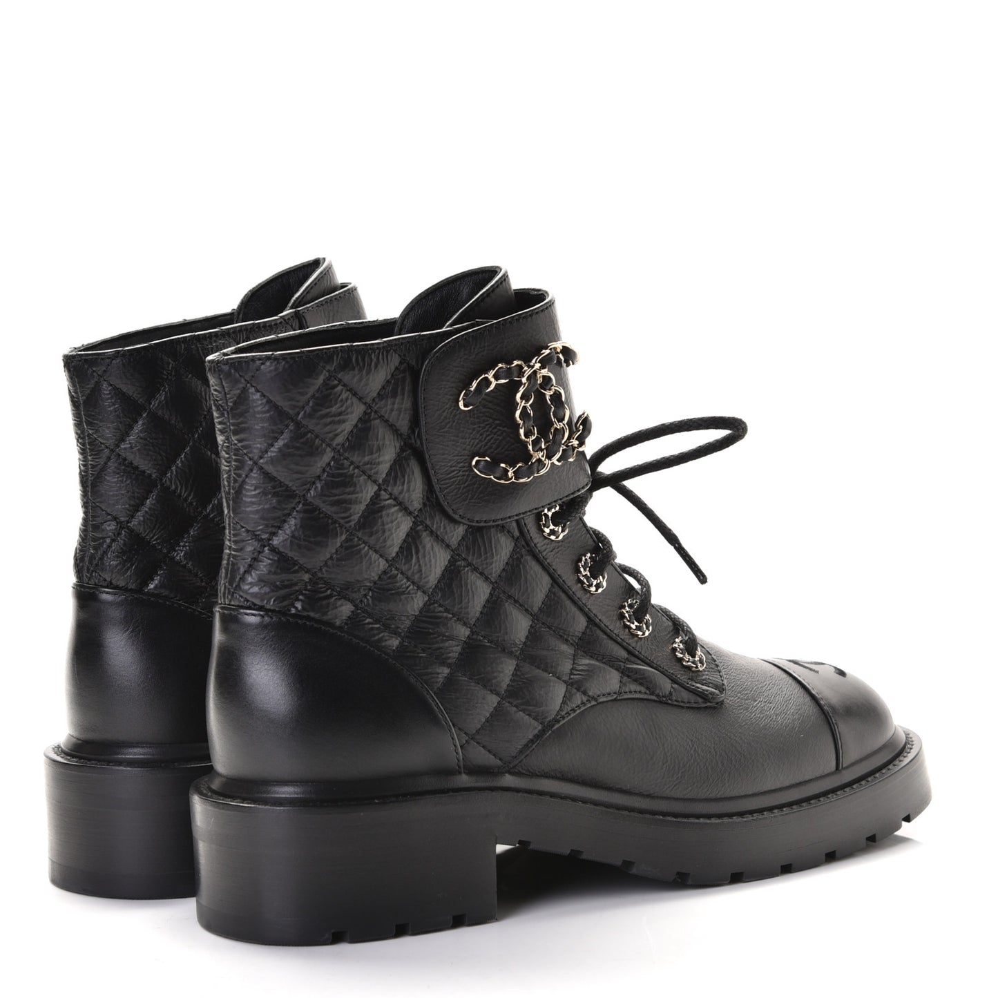 Shiny Goatskin Calfskin Quilted Lace Up Combat Boots 38.5 Black