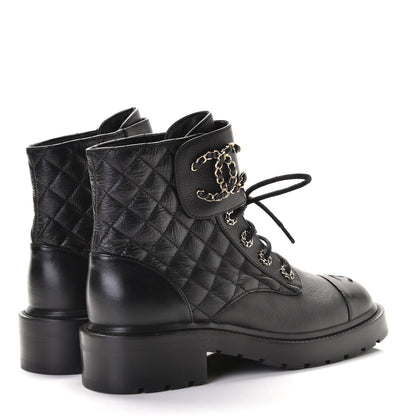 Chanel Shiny Goatskin Calfskin Quilted Lace Up Combat Boots 38.5 Black 4 of 6
