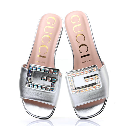 Gucci Metallic Nappa Crystal Square G Madelyn Slide Sandals 36.5 Silver 5 of 10