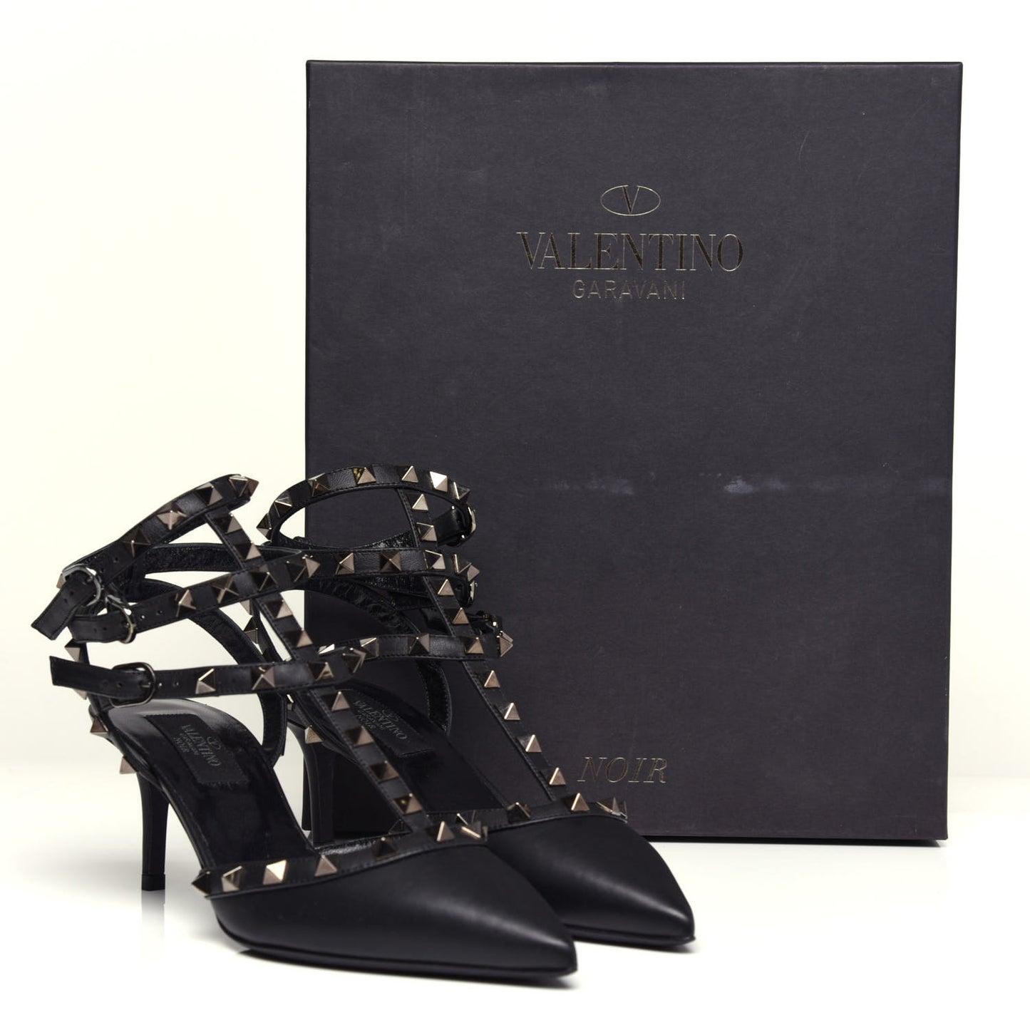 Nappa Rockstud Ankle Strap Low Heel Pumps 37 Black