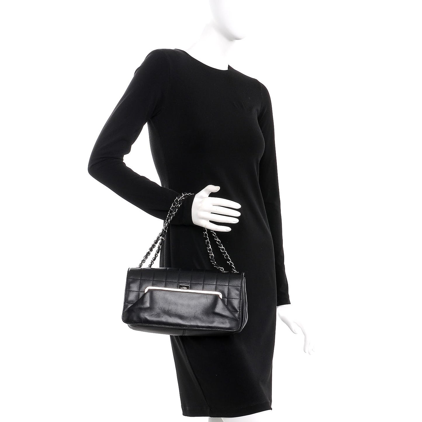 Lambskin Square Stitched Kiss Lock Flap Black