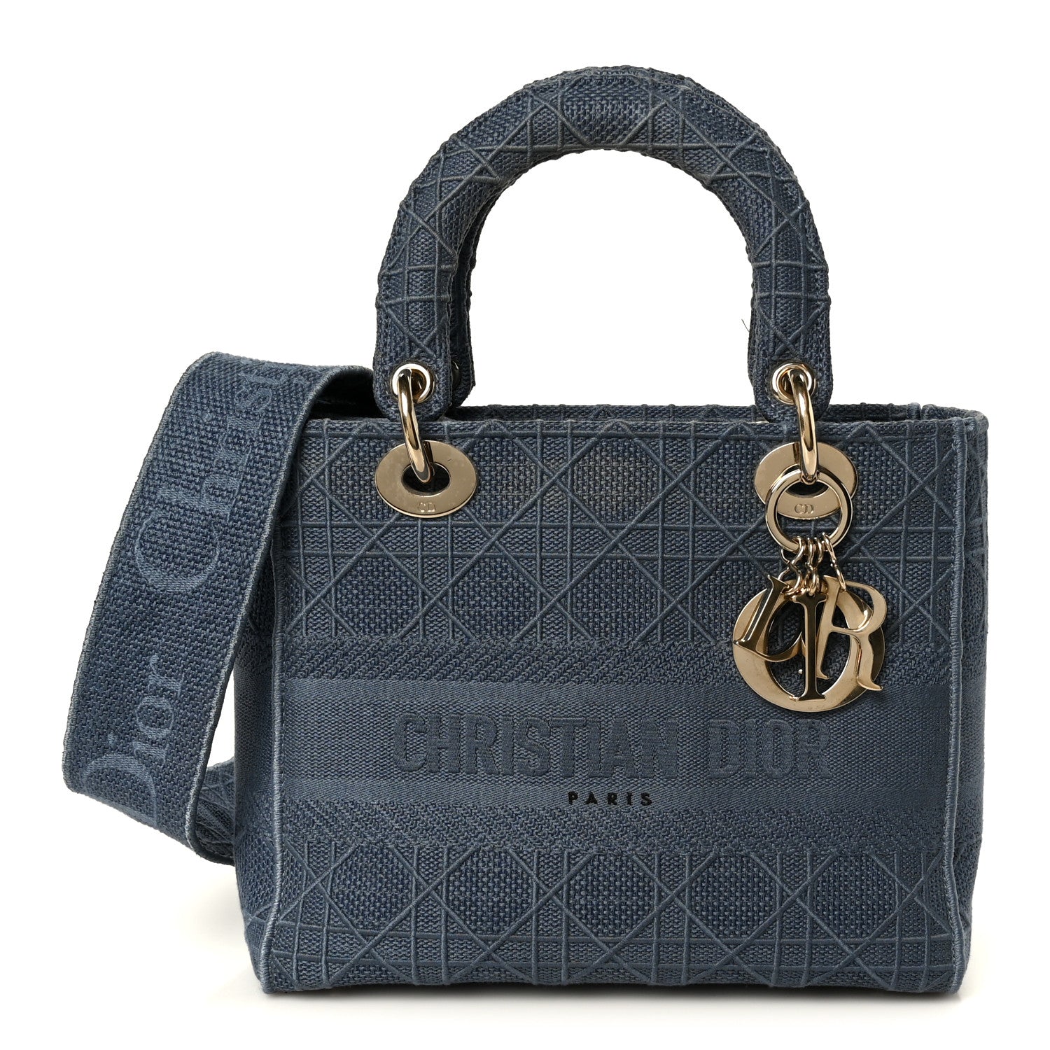Christian Dior Canvas Embroidered Cannage Medium Lady D-Lite Denim Blue 1 of 10