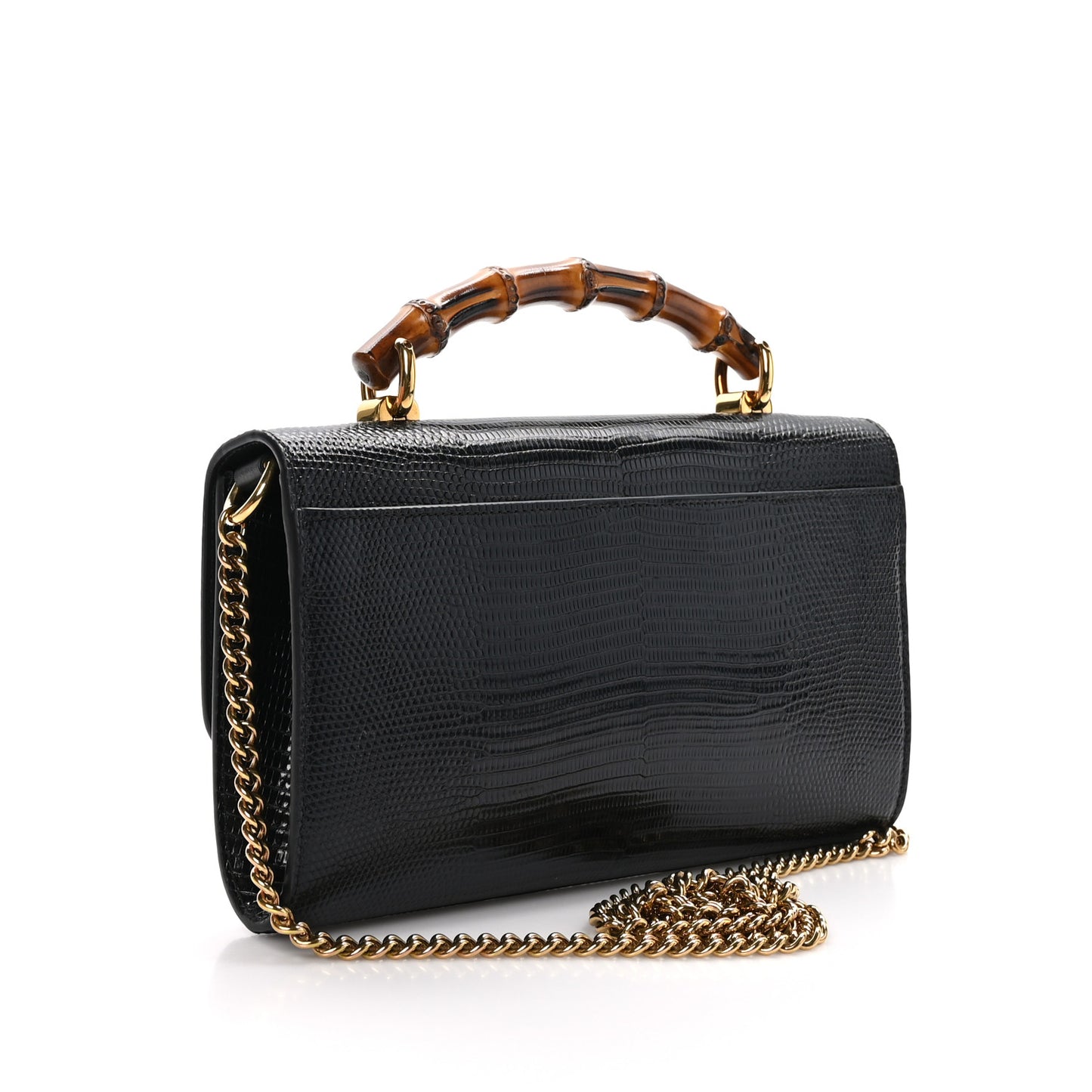 Calfskin Lizard Embossed Mini Diana Bamboo Top Handle Chain Bag Black