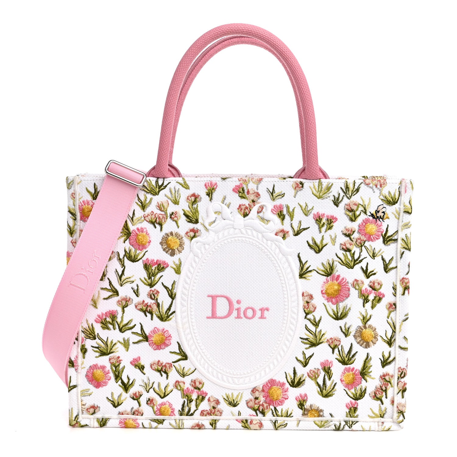 Christian Dior Cotton Toile De Jouy Daisy Garden Embroidered Dior Medaillon Small Book Tote With Strap Pink Multicolor 1 of 12