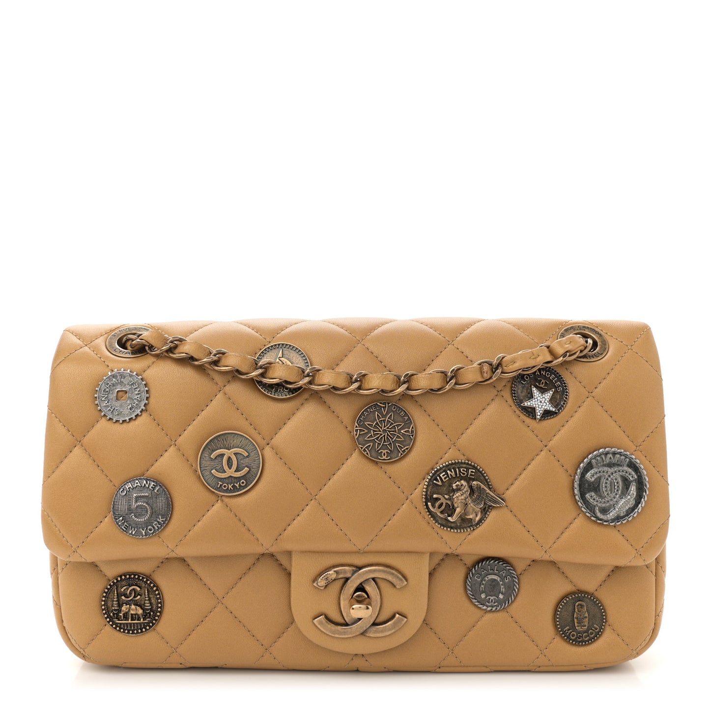 Metallic Lambskin Quilted Medium Medallion Flap Gold