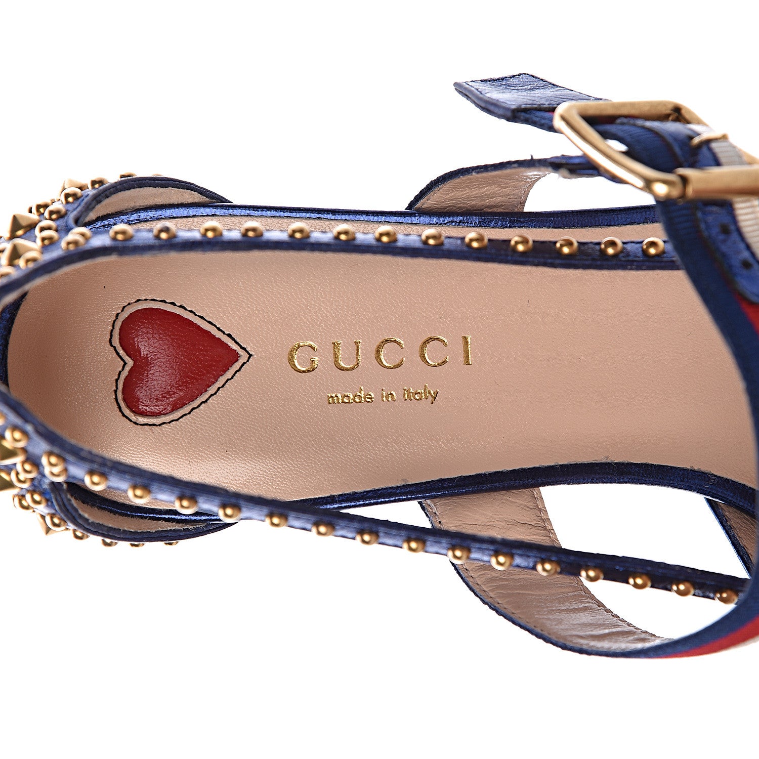 Gucci Metallic Nappa Silk Grosgrain Studded Sylvie Web Bamboo Low Heel Pumps 37.5 Sapphire 5 of 8