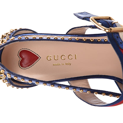 Gucci Metallic Nappa Silk Grosgrain Studded Sylvie Web Bamboo Low Heel Pumps 37.5 Sapphire 5 of 8
