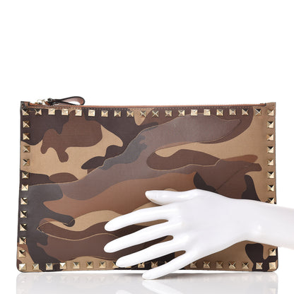 Valentino Garavani Nappa Canvas Camouflage Large Rockstud Zip Pouch Beige 2 of 8