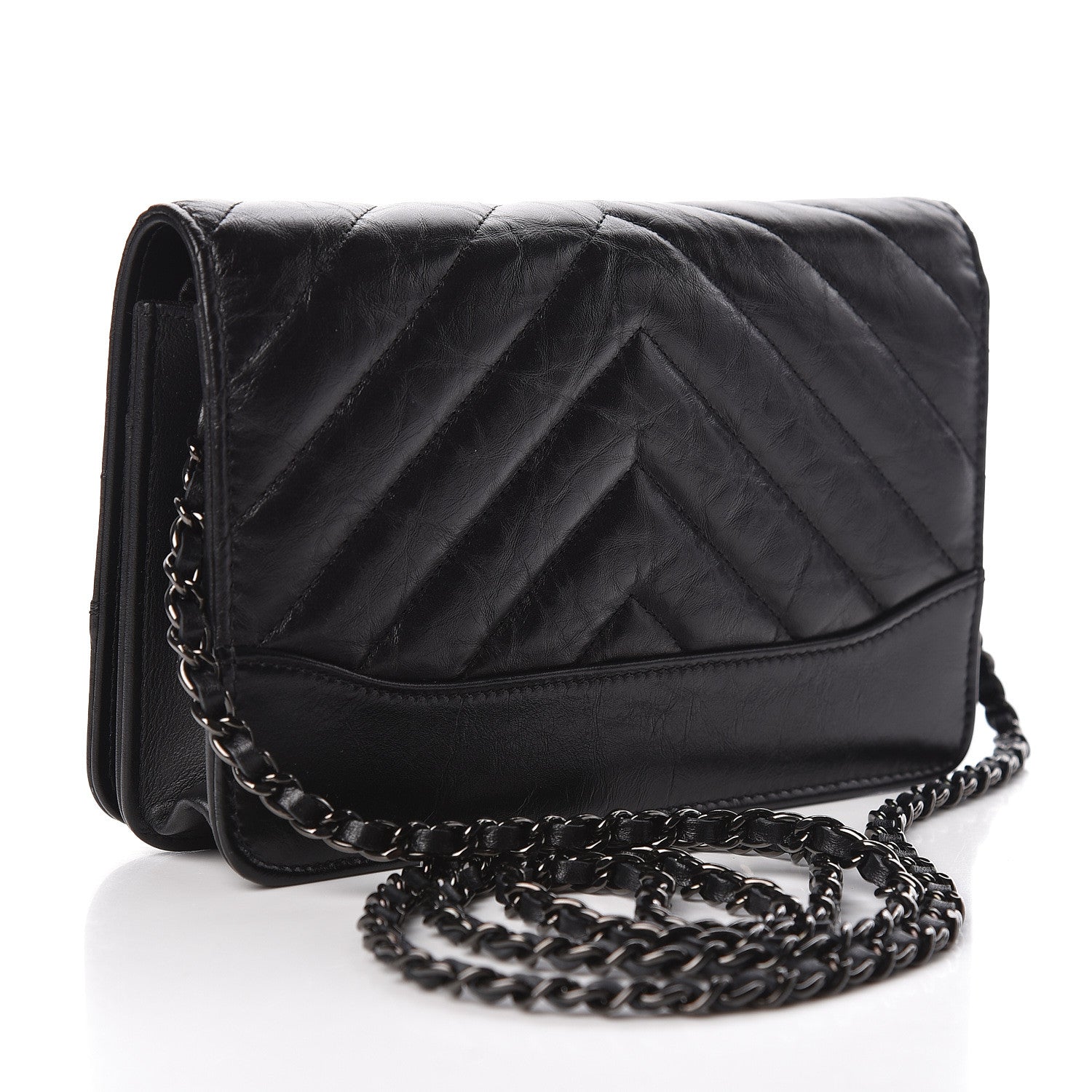 Chanel Aged Calfskin Chevron Quilted Gabrielle Wallet On Chain WOC Black 3 of 12