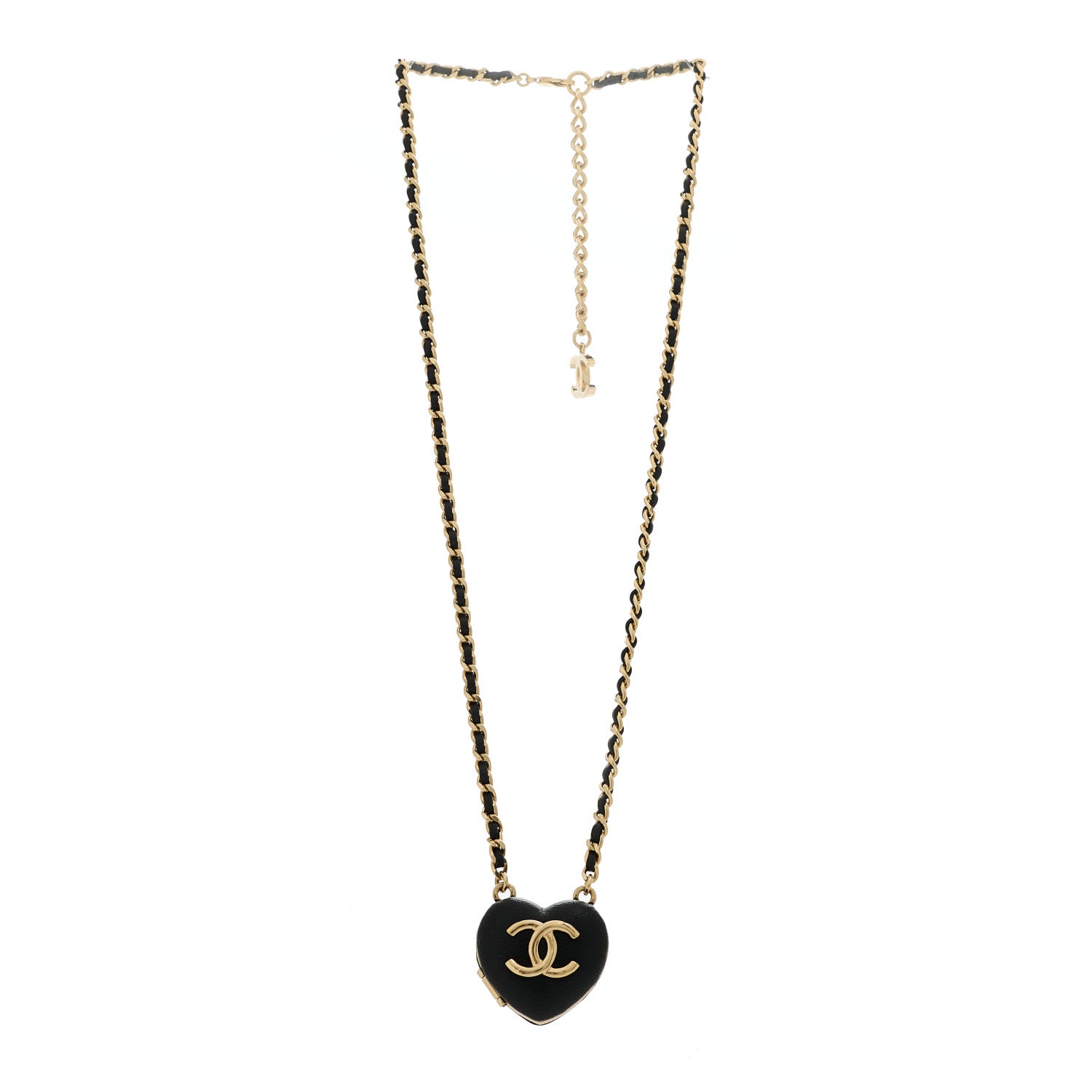 Chanel Lambskin CC Heart Mirror Locket Necklace Gold Black 3 of 5